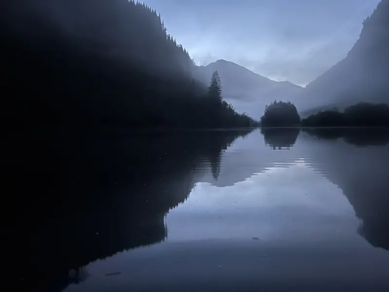 Stille vann i morgentåke